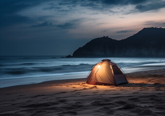 pop up tent on a beach at night, camping lifestyle, generative ai 