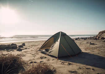 pop up tent on a beach, camping lifestyle, generative ai