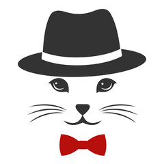 Illustration of a cute cat in a black hat with a red bow on a white background