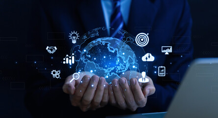 Hand showing global and icon. The application connects to the Internet online. Big Data Digital Link Technology. Achievement global	
