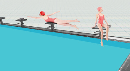 Two young girls, swimming athletes in red swimsuits and cam training near swimming pool. Sportive...