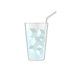 Water in a glass with ice cubes and a bending straw. Flat vector illustration