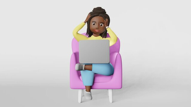 Scared stressed African American woman employee 3D animation working on laptop remotely having video conference talking web call Corporate meeting. Diverse freelancer missing deadline. Online studying