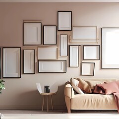 Living room gallery photo frame wall mockup, 3d AI render