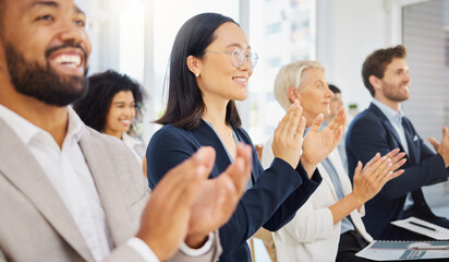 Happy audience, diversity or business people applause for trade show success, convention...