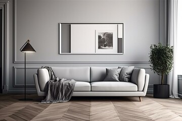 A stylish grey room with a couch, chic decor, and a mockup frame. Generative AI