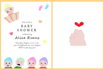 Baby shower poster, vector templates. Baby shower invitations with kids in different mood, hearts, baby's littlle hand and foots and text on white background