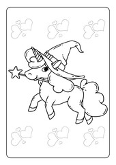 Unicorn Coloring page book for children girl kids with cute cartoon vector illustration printable theme