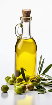 ransparent bottle of olive oil corked with a stopper surrounded by fresh green olives and leaves on a white background.