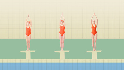 Young girls, swimming athletes in red swimsuits standing on starting blocks, ready to jump into pool and swim. Contemporary art collage. Concept of sport, retro style, creativity, fashion, activity.