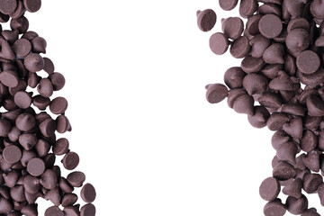 Close-up of a pile of scattered chocolate chips on a white background