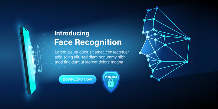 Identification of a person through facial and face recognition technology. The smartphone scans a person's face and create a polygonal mesh conposed of lines and dots. Vector illustration.