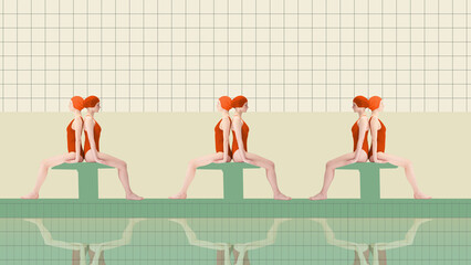 Two young girls, swimming athletes in red swimsuits sitting back to back on swimming block, training. Contemporary art collage. Concept of sport, retro style, creativity, fashion, activity.