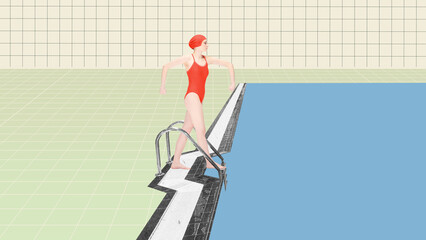 Young girl in red swimsuit and swimming cap, swimming athlete walking into water, pool to dive. Contemporary art collage. Concept of sport, retro style, creativity, fashion, activity.
