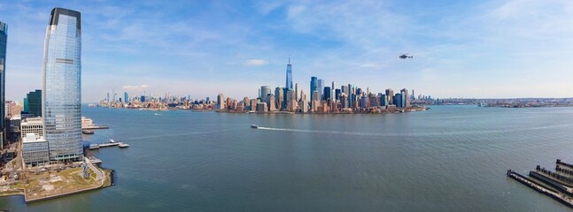 Big New York City skyline panorama from the New Jersey shore side.