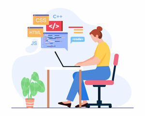 Businesswoman is sitting at the desk and working on the laptop, concept of Web development, programmer and coding website.