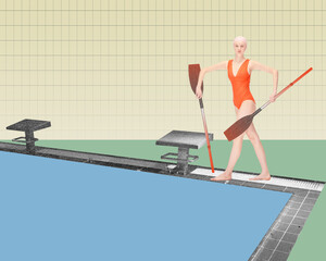 Young athletic girl, swimmer in red swimsuit walking to pool with two paddle, ready to swim. Contemporary art collage. Concept of sport, retro style, creativity, fashion, activity.