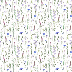 Meadow flowers and herbs seamless pattern. Common blue butterflies and meadow cornflowers, Consolida regalis, Chamerion angustifolium. - 597059593