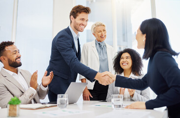 Partnership, agreement and happy business people shaking hands for investment deal, b2b contract negotiation or acquisition. Human resources promotion, diversity and HR manager with hiring welcome - obrazy, fototapety, plakaty