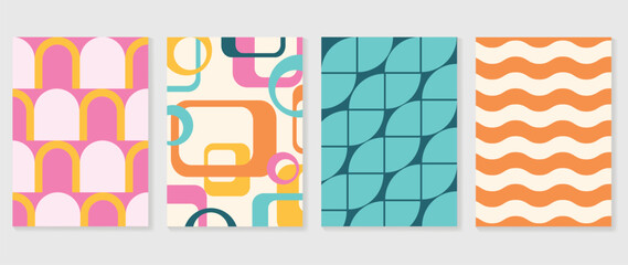 Retro geometric shapes cover background. Set of contemporary art wall decoration with square, curve, wave pattern. Geometric posters in trendy illustrated design for cover, banner, print, fabric.