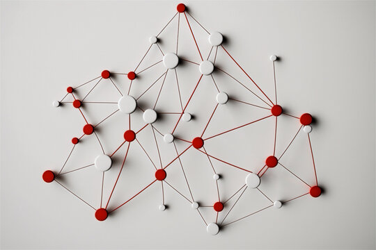 network and connection concept with red and white dots on white laconic background, created with Generative AI