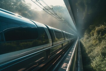 Fototapeta na wymiar A sleek maglev train races through beautiful scenery with futuristic technology. Generative AI