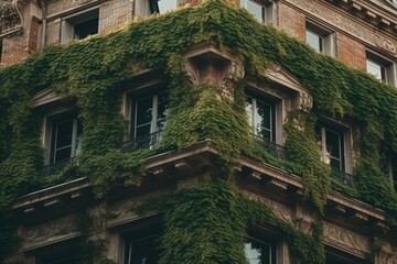 Fototapeta na wymiar Green foliage covering the cornice of a building. Generative AI