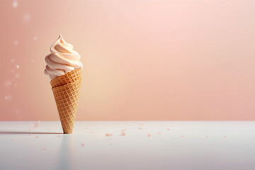 Ice cream cone, sweet dessert, studio shot on pastel background. Summer creative minimal concept, fast food, sweet meal, space for text. Food levitation. AI generated image