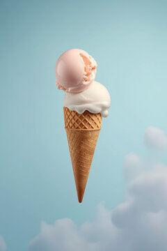 Flying or levitating ice cream cone, sweet dessert. Summer creative minimal concept, fast food, sweet meal, space for text. Food levitation. AI generated image