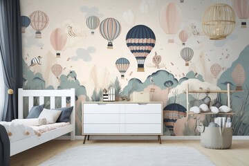 Creative and bright eco design of a children's room. Bright fantasy wallpaper on the wall of baby room. Adventure theme. Generative AI illustration.