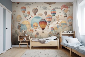 Creative and bright eco design of a children's room. Bright fantasy wallpaper on the wall of baby room. Adventure theme. Generative AI illustration.
