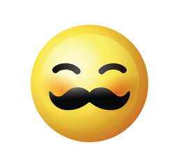 High quality emoticon on white background. Yellow face with mustaches. Mustache emoji vector.