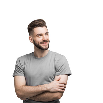 Handsome smiling young man with folded arms isolated transparent PNG. Joyful cheerful businessman with crossed hands studio shot