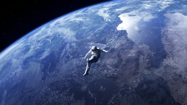 Astronaut Falling From Space To Earth in slow motion with zero gravity effect. Man in free fall. Lonely spaceman lost in space with blue planet earth in background.
