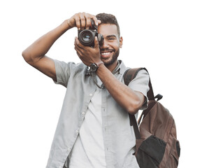 Young man photographer takes photographs with dslr camera isolated in transparent PNG. Travel, hobby, vacations, professional freelance work and active lifestyle concept - obrazy, fototapety, plakaty