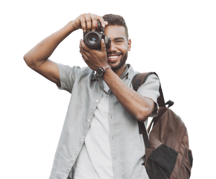 Young man photographer takes photographs with dslr camera isolated in transparent PNG. Travel, hobby, vacations, professional freelance work and active lifestyle concept - Powered by Adobe