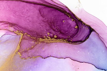 Abstract alcohol ink fluid art background. Violet color with gold