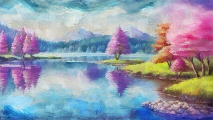 Landscape with lake and forest. Digital watercolor painting on canvas.