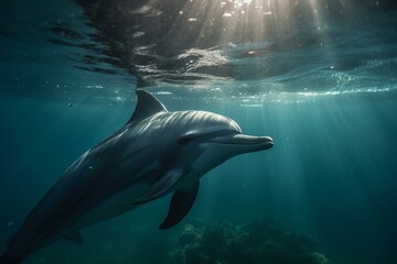 Dolphin with camera swimming, fish below, sun shining. Generative AI