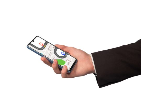 mężczyzna w marynarce szukający drogi na mapie w smartfonie.