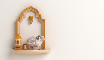 Eid al adha decoration background with goat sheep, arabic lantern, mosque window, gift box, ramadan kareem, mawlid, iftar, eid al fitr, muharram, copy space text area, 3D illustration.