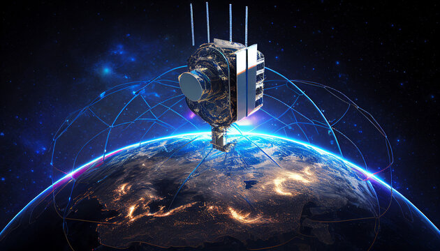 Internetgeschwindigkeit, Weltall digital Funkwellen, Signale Funksignale von Satelliten zur Erde, Generative AI 