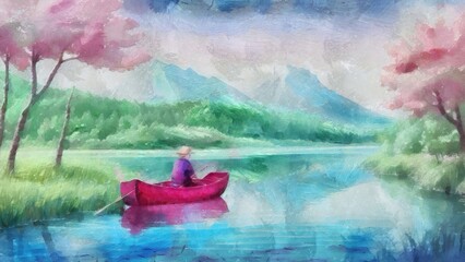 Rural landscape with a lake, a boat and a forest. Digital painting.