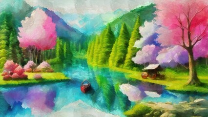 Pine trees on the background of a lake and mountains. Digital painting.