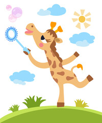 Cute giraffe with soap bubbles. Cartoon style illustration. Isolated character for design on white background. Vector illustration.
