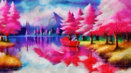Rural landscape with a lake, a boat and a forest. Digital painting.