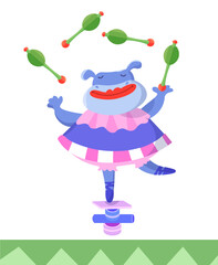 Cute Hippo in circus. Cartoon style illustration. Isolated character for design on white background. Juggler performance. Vector illustration.