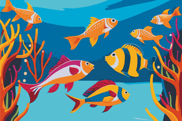 Fish in the ocean. Coral reef. Underwater inhabitants, underwater fauna. Cartoon style. Vector illustration.
