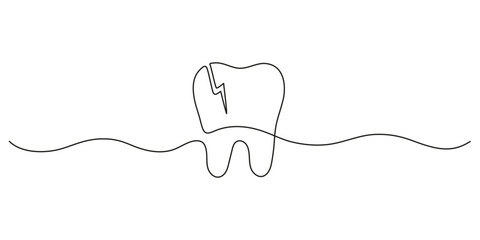 Cracked tooth, continuous art line drawing. Dentistry health of teeth. Destruction of integrity of tooth, fracture. Single hand drawn outline style. Vector