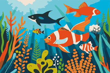Naklejka na ściany i meble Fish in the ocean. Coral reef. Underwater inhabitants, underwater fauna. Cartoon style. Vector illustration.
